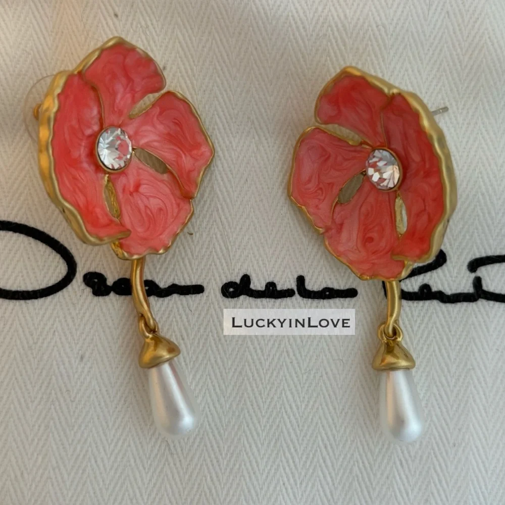 Oscar de la Renta • Enamel Poppy Flower Pearl Drop Earrings